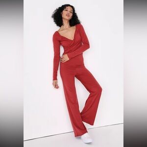 Holiday Travel Ready Rusty Rose Brown Ribbed Long Sleeve Lounge Jumpsuit - Lulus